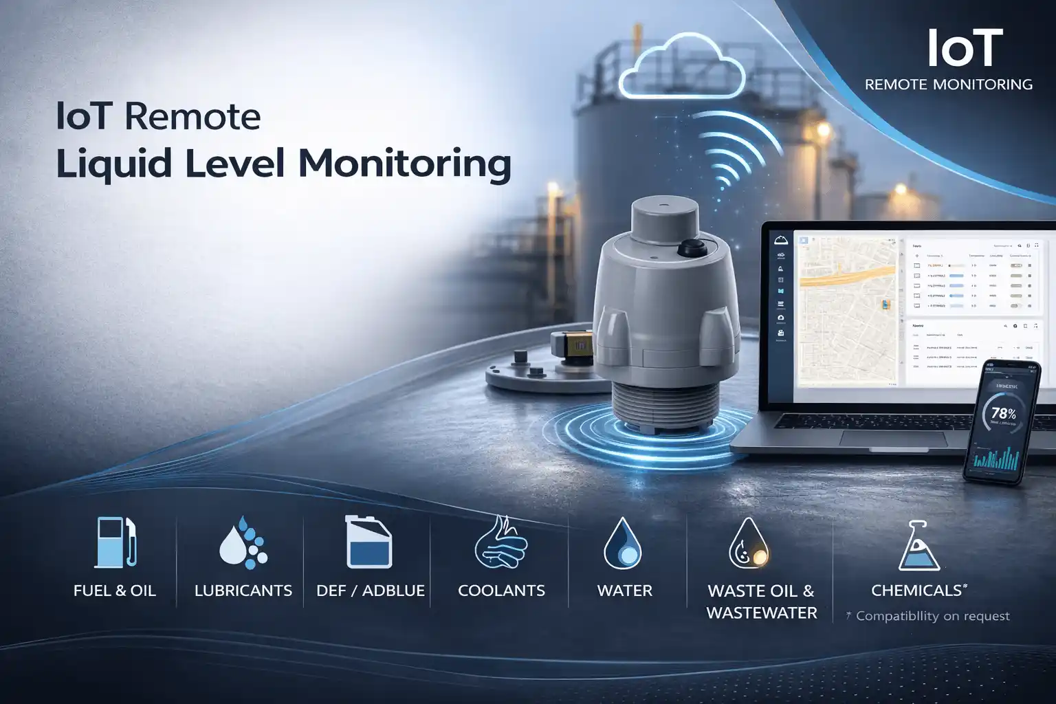 LoRaWAN ultrasonic level sensor mounted on an industrial liquid tank providing real-time fuel and fluid monitoring to a cloud dashboard
