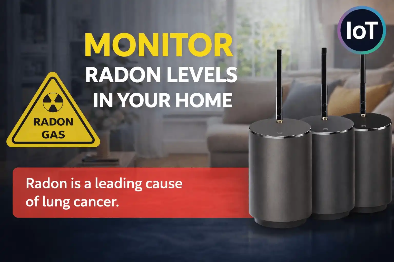 IoT radon monitoring sensor installed in a school or residential basement providing continuous real-time radon level data to a cloud dashboard