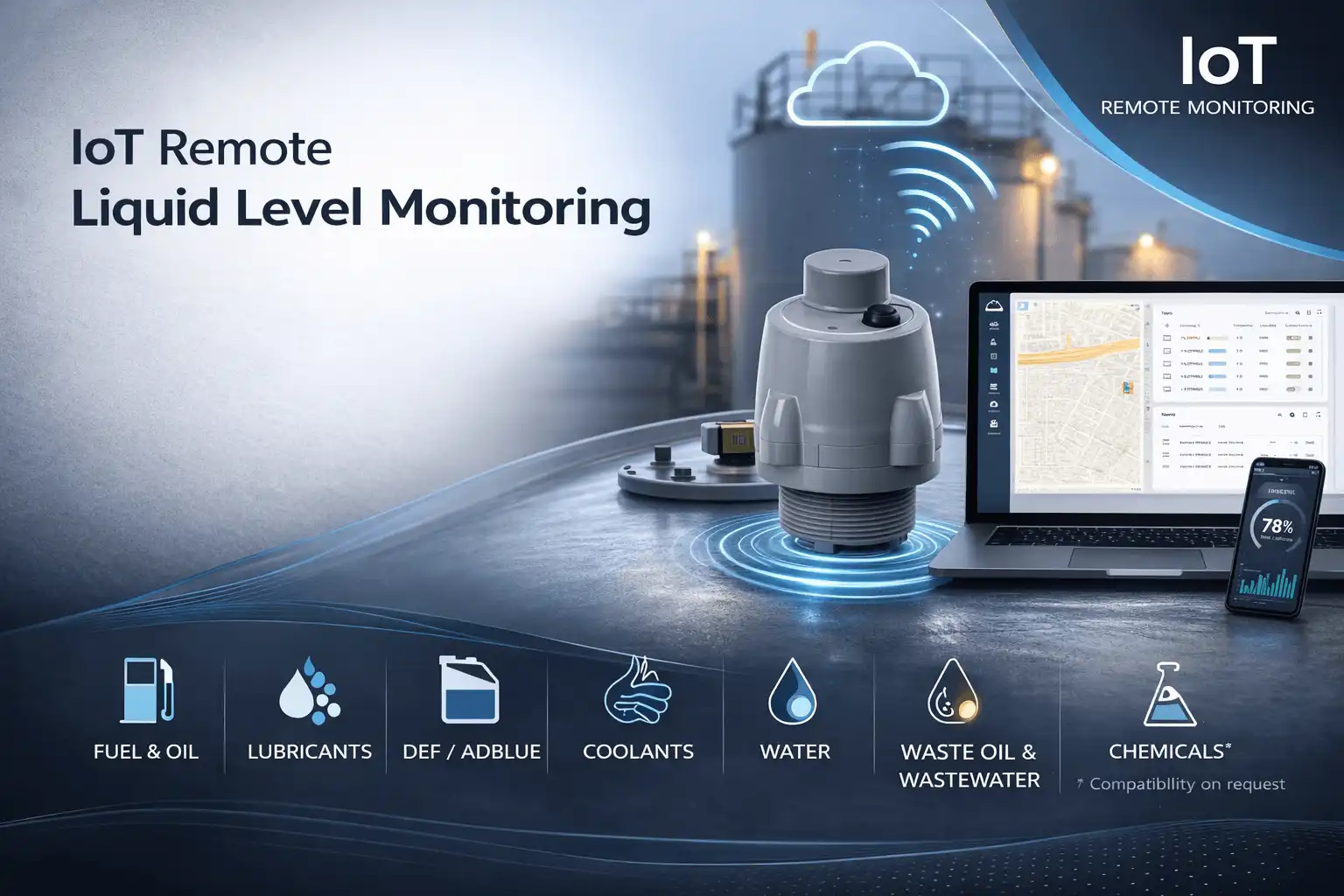 LoRaWAN ultrasonic level sensor mounted on an industrial liquid tank providing real-time fuel and fluid monitoring to a cloud dashboard