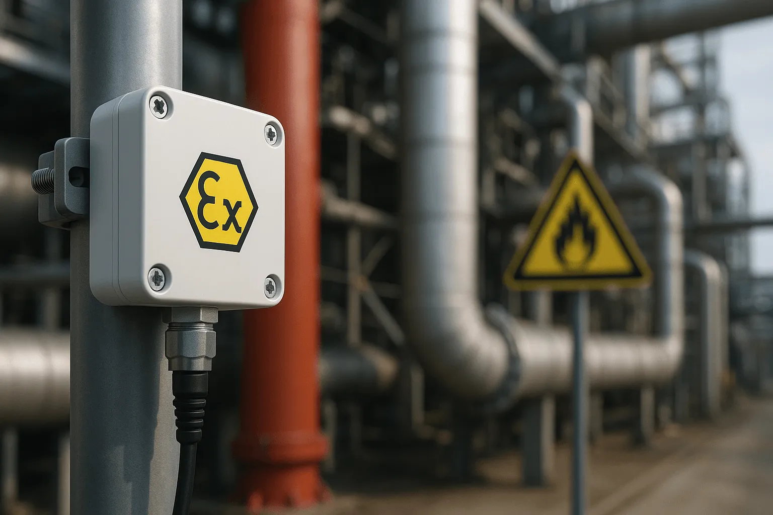 ATEX-certified IoT sensor deployed in hazardous industrial environment | AI-generated image