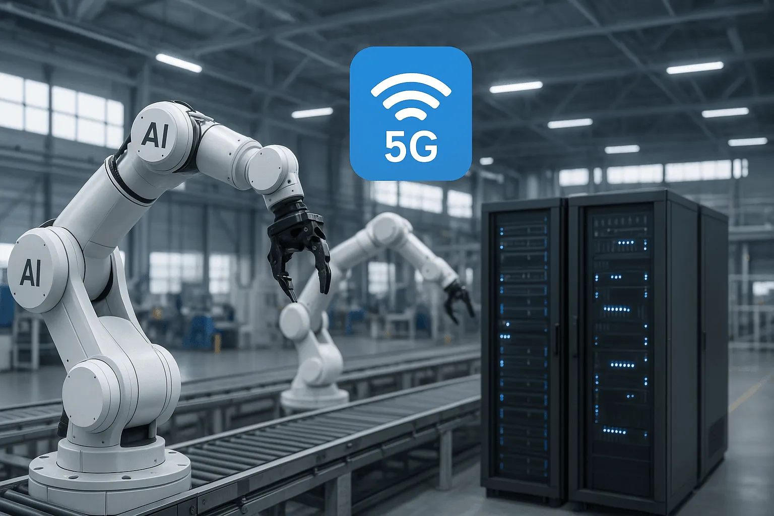 Industrial facility using private 5G network with AI-powered robots and edge computing systems | AI-generated image