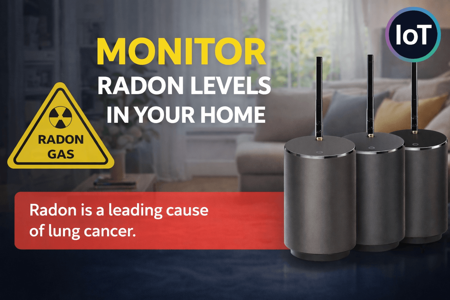 IoT radon monitoring sensor installed in a school or residential basement providing continuous real-time radon level data to a cloud dashboard