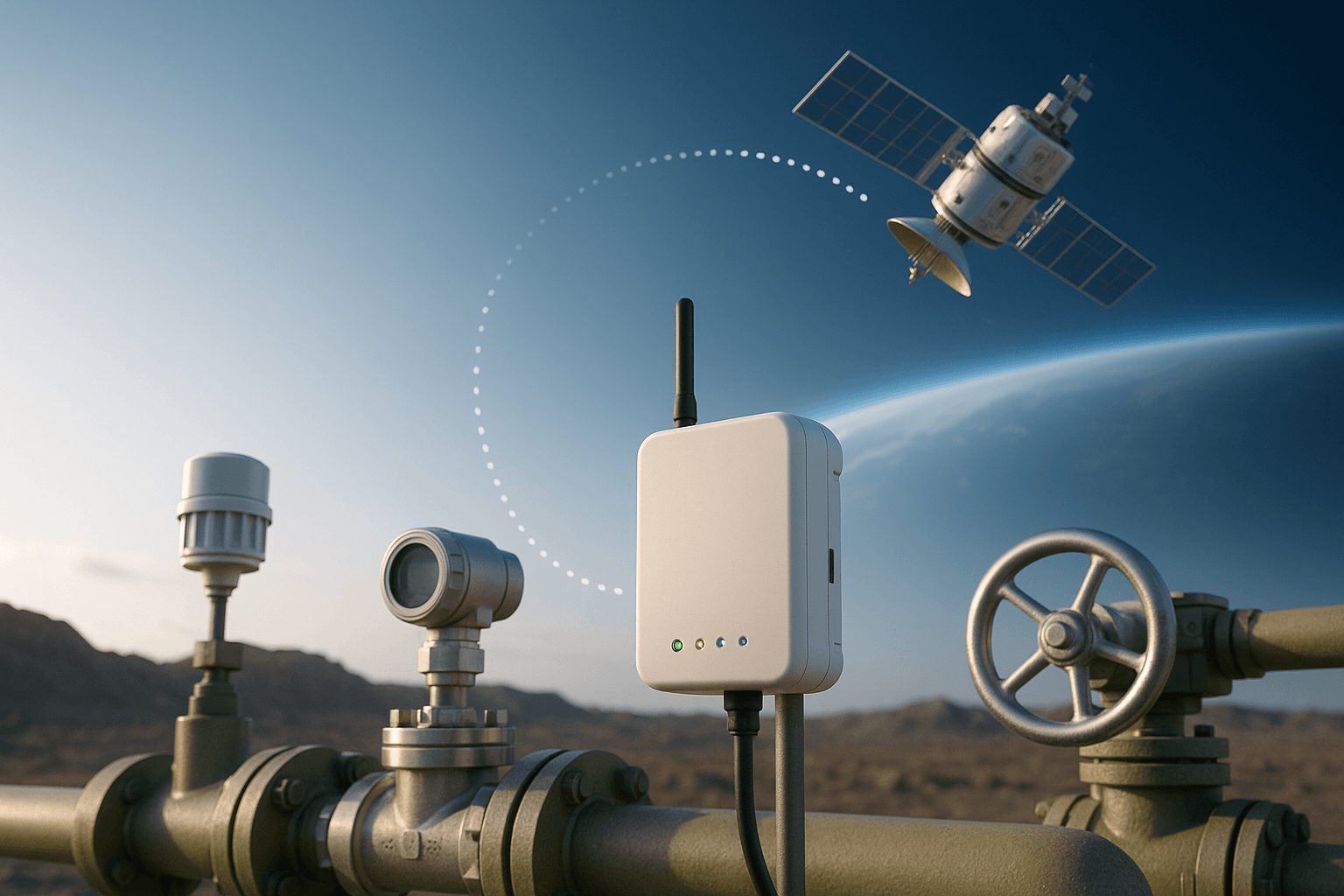 Satellite IoT device connecting remote industrial sensors to a low-earth orbit satellite network | AI-generated image