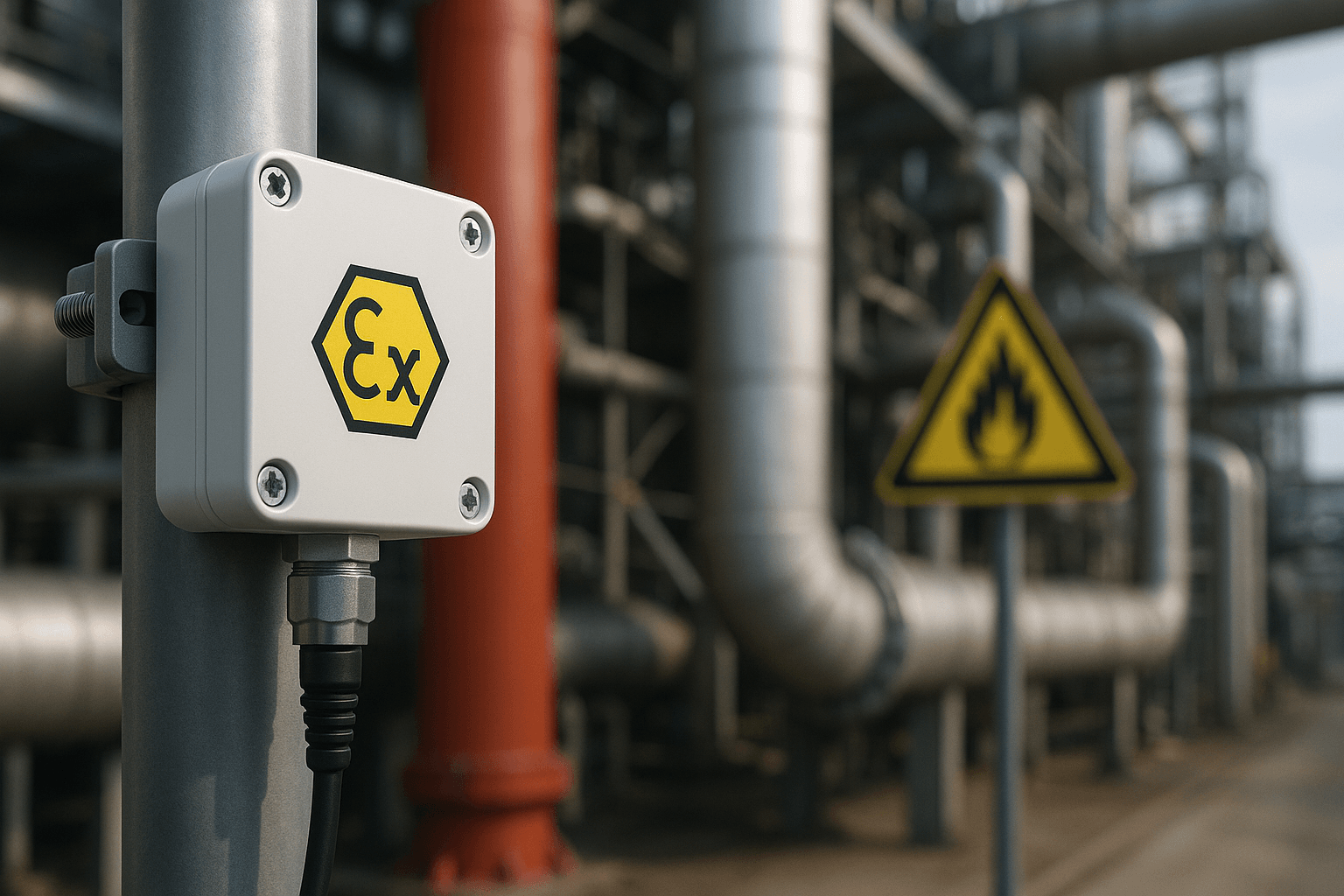 ATEX-certified IoT sensor deployed in hazardous industrial environment | AI-generated image