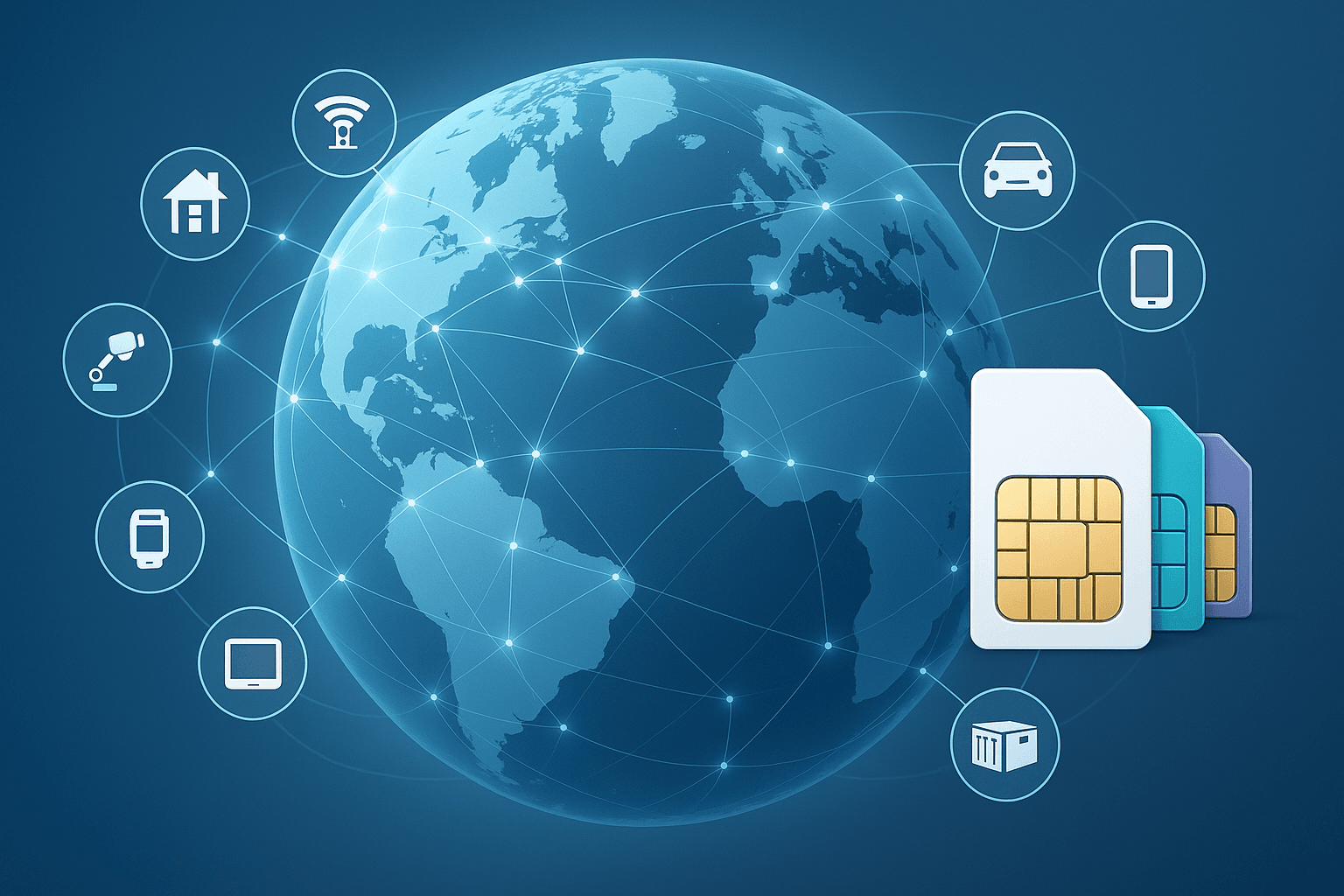 Illustration of global IoT connectivity with multiple network profiles and flexible SIM management | AI-generated image