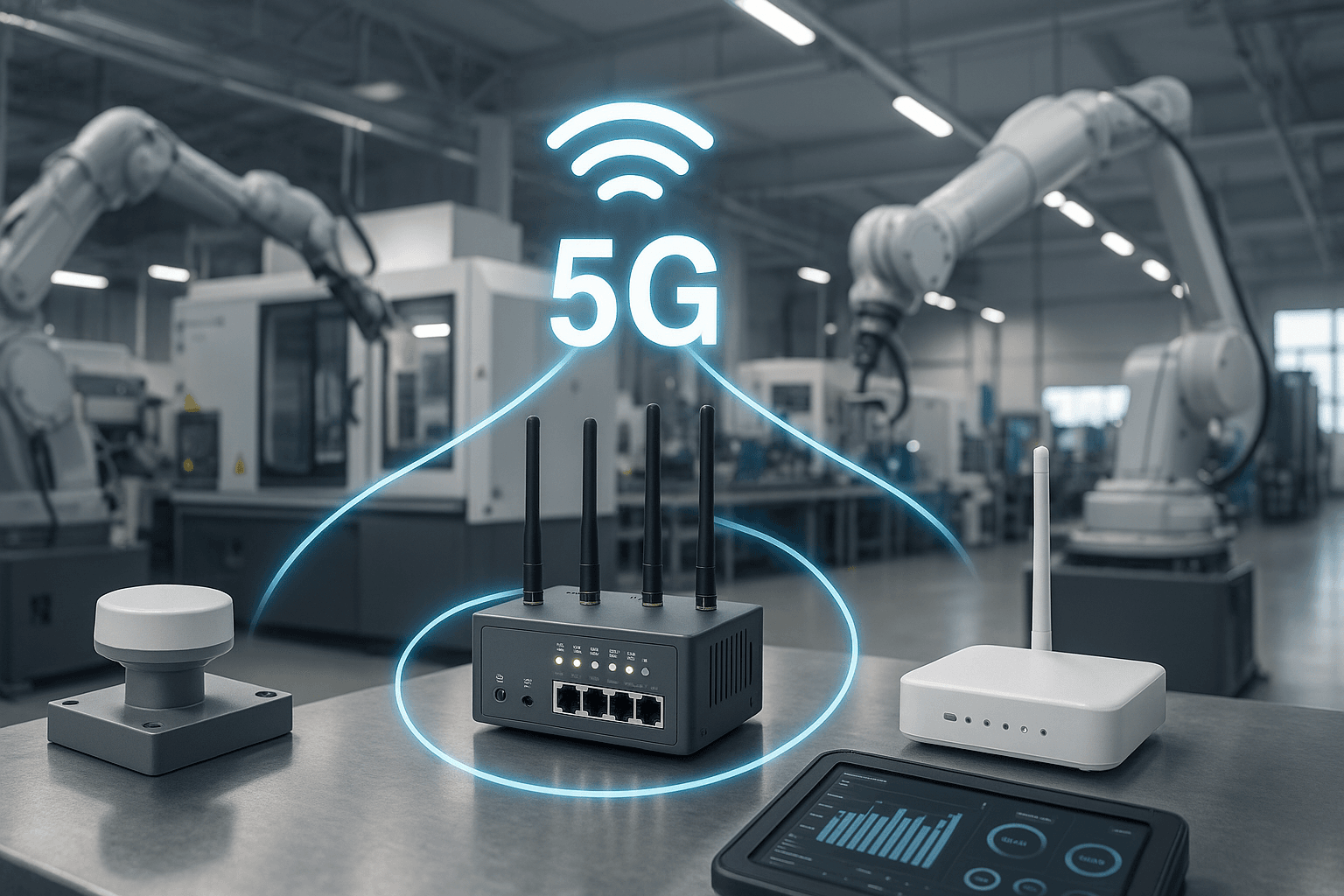 Industrial IoT devices connected via 5G RedCap network in a smart factory environment | AI-generated image