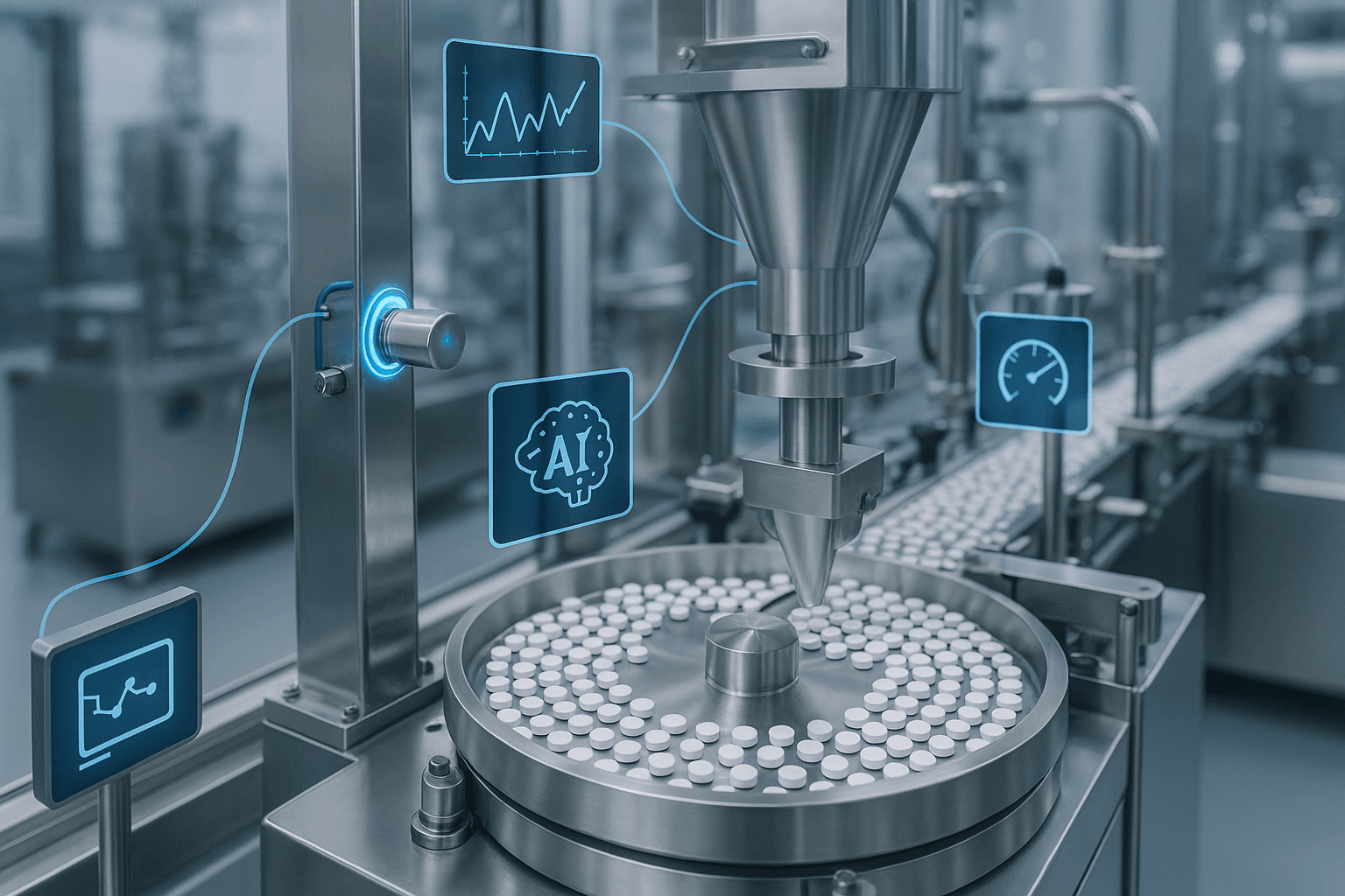 Pharmaceutical manufacturing line with connected sensors and AI-driven monitoring systems | AI-generated image