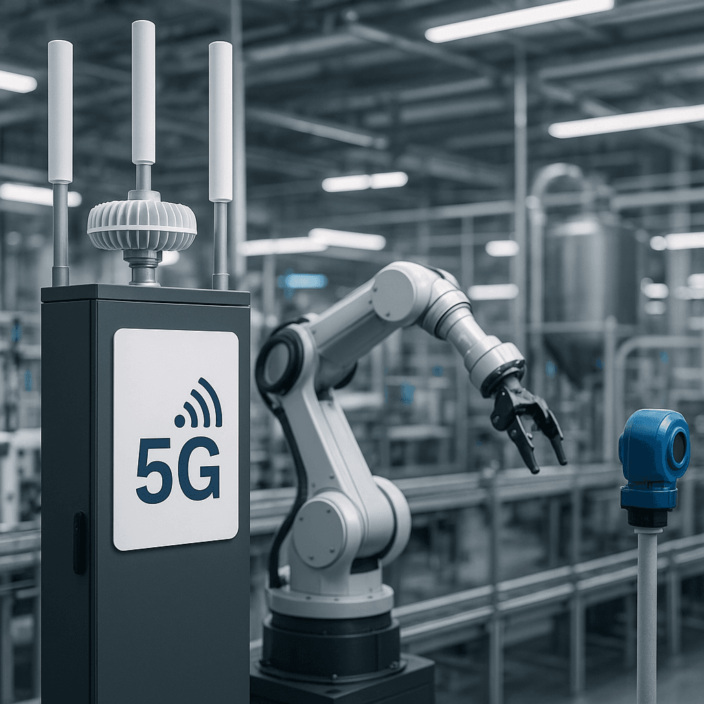 Private 5G network infrastructure supporting industrial IoT devices in a smart factory | AI-generated image